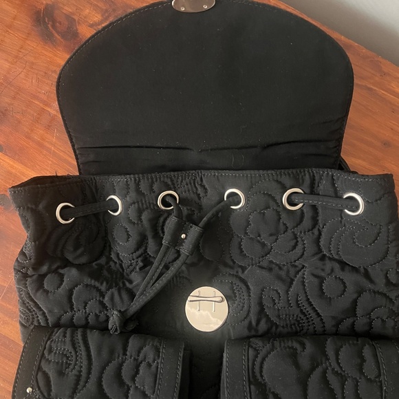 Vera Bradley Backpack Black Quilted with Drawstring and Flap Closure 14”